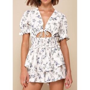 Lulus Complete Babe Ivory Floral Textured Tiered Smocked Cutout Romper - XS